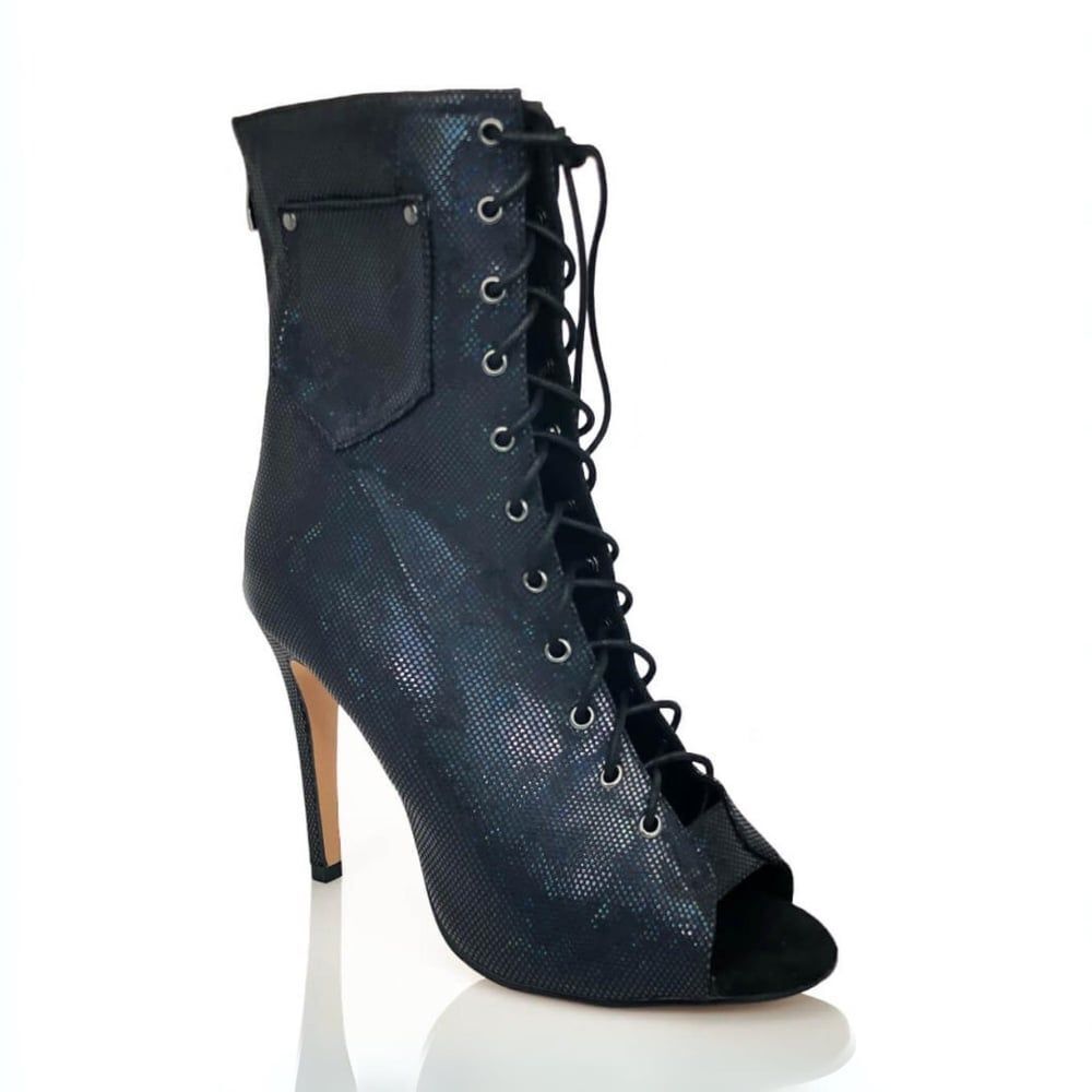 Burju Kiira Harper Deja Vu Open Toe Lace Up Heels 5.5 Blue Metallic Dance Bootie